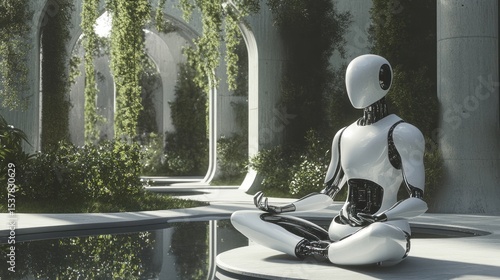 Futuristic robot meditating in a serene garden