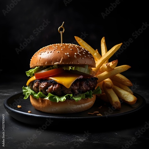 Moody Vegan Burger with Fries on Black Plate – Dramatic Food Scene