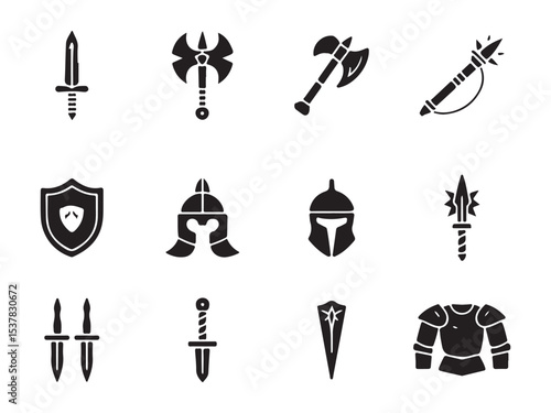 A set of black and white silhouettes depicting various medieval weapons and armor vector art on white