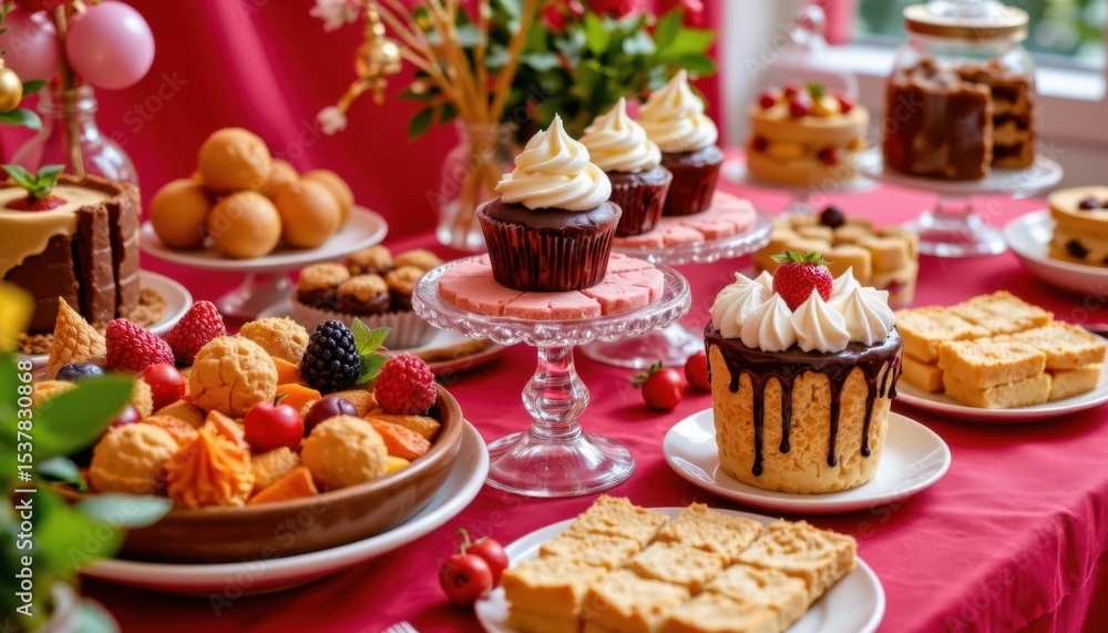 Delicious assorted desserts including cupcakes cookies and fruit display with rich chocolate drips and decorative whipped cream on elegant pink table setting Delicious assorted desserts including cupcakes cookies and fruit display with rich chocolate drips and decorative whipped cream on elegant pink table setting