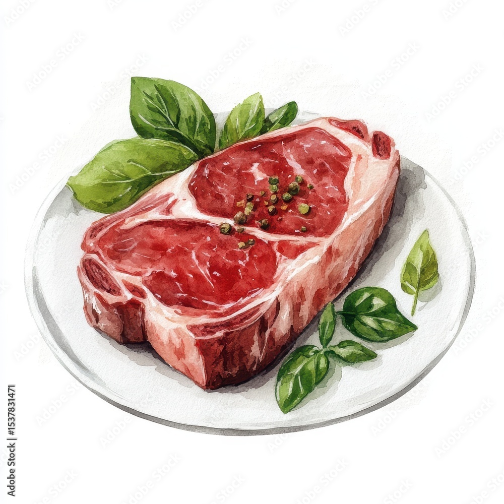 Fototapeta premium Meat Watercolor. Realistic Food Illustration of Fresh Beef Steak on White Background