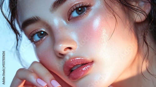 Close-up fashion editorial image featuring pastel manicured fingers resting on the cheek of an Asian model, natural blush, radiant dewy skin, and high-shine lip gloss, diffused ambient light.