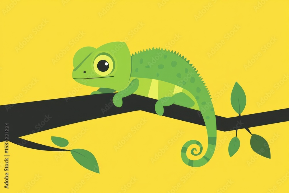 Fototapeta premium Cute green chameleon on branch, bright yellow background