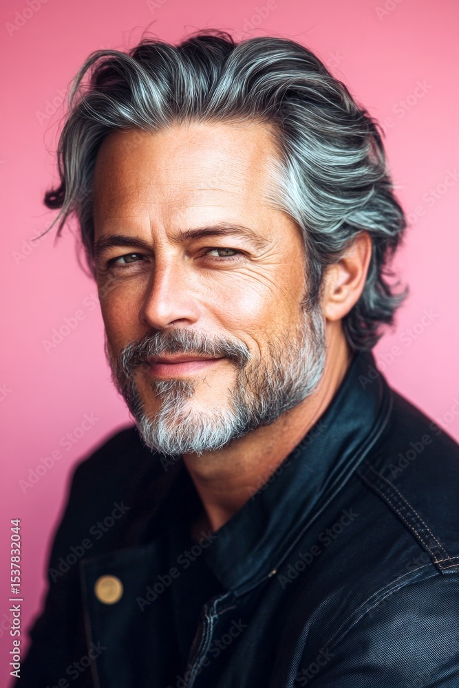 Fototapeta premium Concept art of style for aging men. Fashionable men's shoulder-length taper haircut - midlife white man with grey hair. A happy man in a studio photo. Pink solid background.
