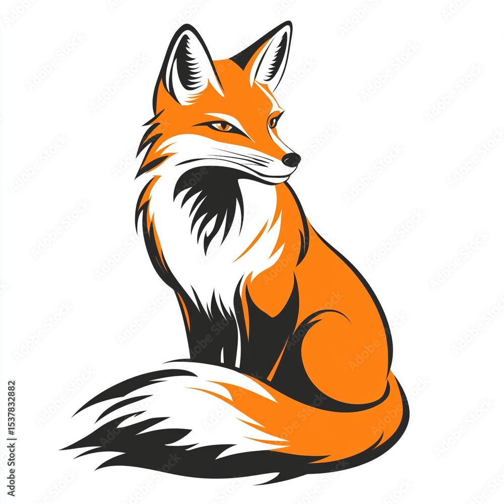 Obraz premium A captivating cartoon illustration of a red fox with a bushy tail and white chest, depicted in a sitting pose, against a clean white background.