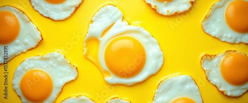 Golden fried eggs, sunny-side up, yolk-centric pattern on vibrant yellow background,   breakfast food,   egg pattern