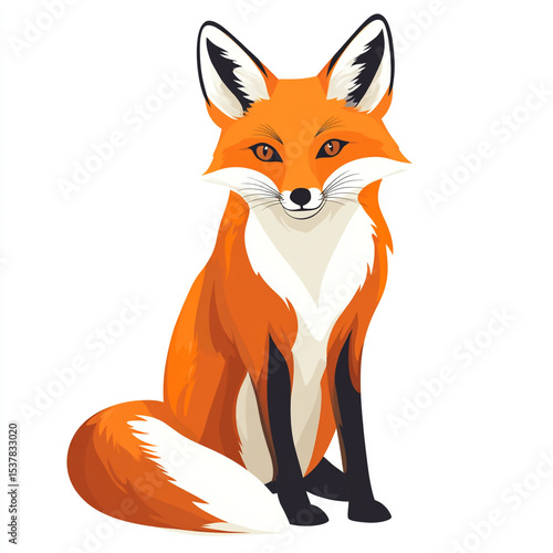 A captivating cartoon illustration of a red fox with a bushy tail and white chest, depicted in a sitting pose, against a clean white background.