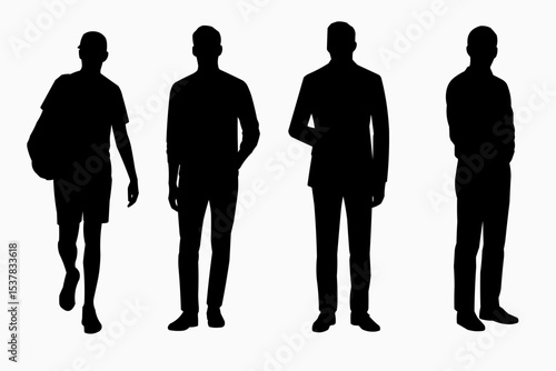 Silhouettes of three adult guys and one elderly man. Isolated flat vector illustration 