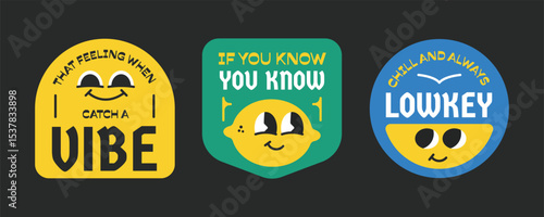 Groovy badges, stickers, patchs collection. Cartoon character with quote related to gen z and millenials in y2k style.