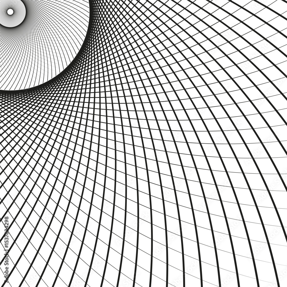 Naklejka premium Distorted grid shape. Abstract curve mesh. Optical illusion vector. Black wave structure.