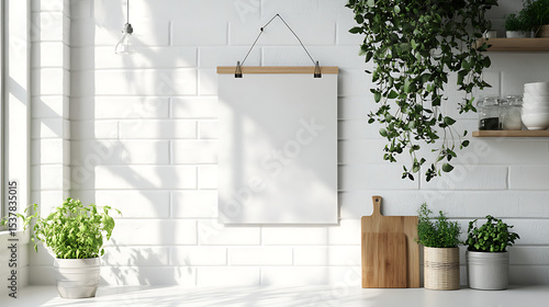 wall calendar mockup hanging on white subway tile wall in bright kitchen, natural sunlight streaming through window, clean and simple design, fresh herbs on counter, airy and minimal vibe.