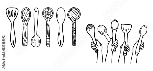 Artistic and minimalist illustration of various cooking utensils including spoons and spatulas with hands shown