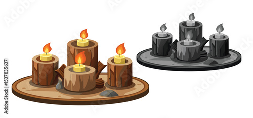 Artistic illustration of burning candles in rustic log holders with a circular base and a similar monochrome variant