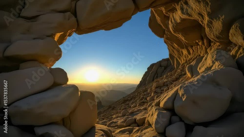 Scenic view from inside a rocky desert cave looking out at a stunning sunrise over distant mountains and a clear sky.