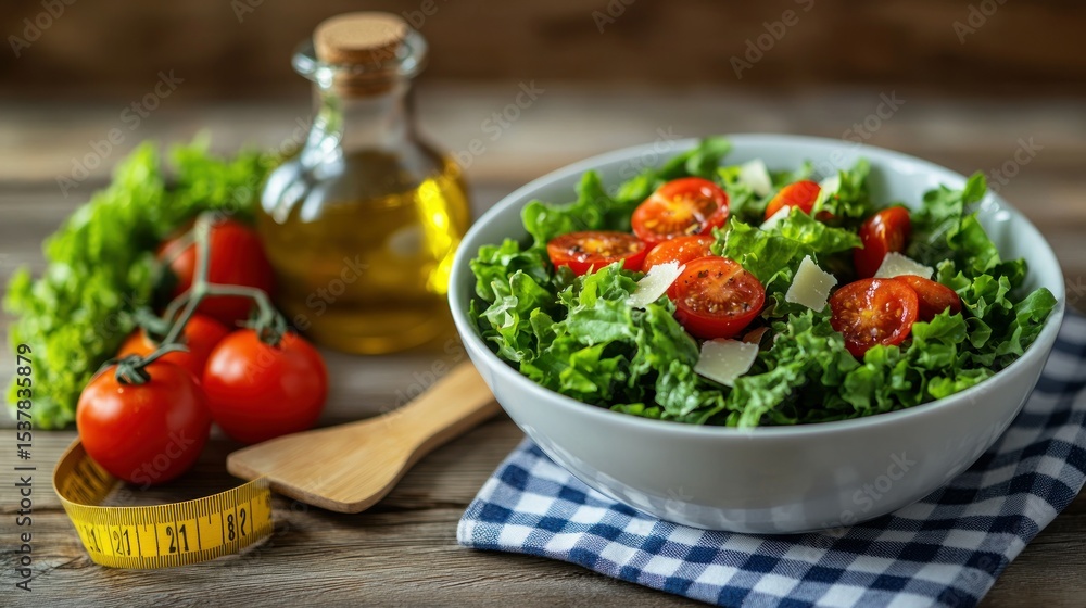 Salad with tomatoes, dressing, and measuring tape Salad with tomatoes, dressing, and measuring tape