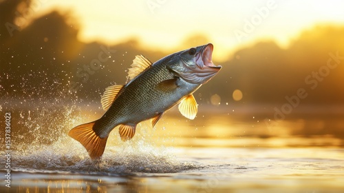 Bass jumps out of the water, mouth open, backlit by sunset
