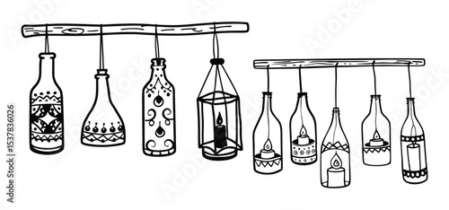 Artistic illustration of hanging candle holders created from recycled glass bottles in a whimsical handmade style.