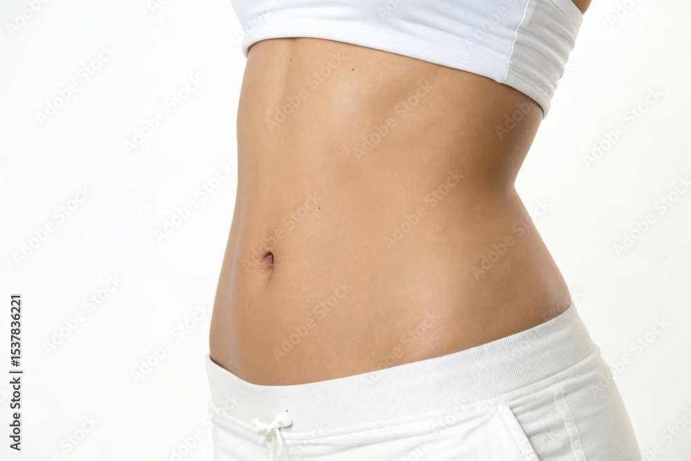 Woman s toned abdomen and waist in white clothing Woman s toned abdomen and waist in white clothing