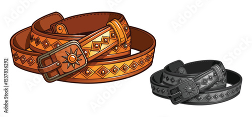 Artistic illustration of two stylized leather belts with decorative buckles and diamond patterns on a white background