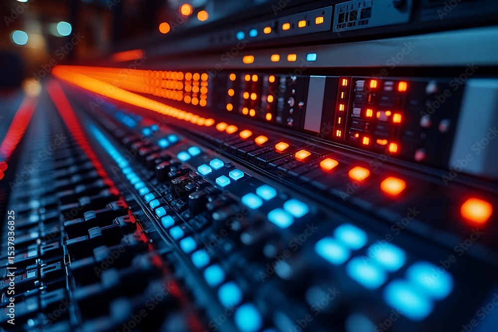 Close up of a professional audio mixing console with illuminated controls and buttons Close up of a professional audio mixing console with illuminated controls and buttons