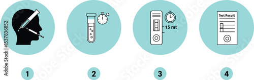 COVID-19 rapid test instruction steps with swab, test tube, timer and result card, infographic guide, medical self test illustration flat vector illustration