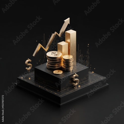 Gold coins and bars on black cube platforms with a rising graph, signifying financial growth