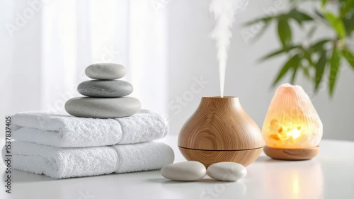 Minimalist spa setup with white towels, stacked stones, a wooden essential oil diffuser, and a glowing Himalayan salt lamp for relaxation.