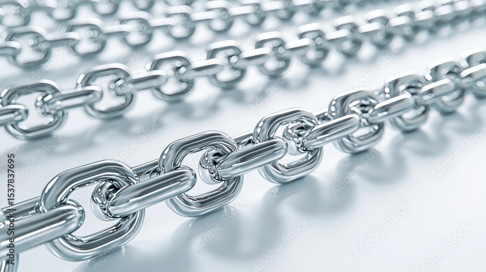 Fototapeta premium Silver metal chains linked in rows on white background
