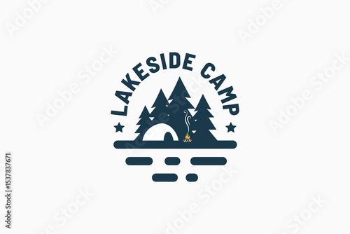 lakeside camping logo with combination of pine forest, tent and campfire with lake view. It is good for outdoor activity business, rental, travel, etc.