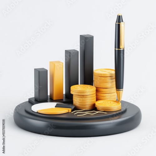 Business growth chart, coins, pen