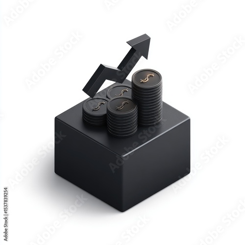 Black cube, coins, upward arrow, financial growth