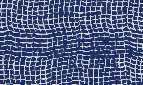 Hand drawn brush lines uneven wavy grid of light lines on dark blue pattern, distorted organic fishing net texture background, Japanese minimal style graphic for textile, carpet and decoration
