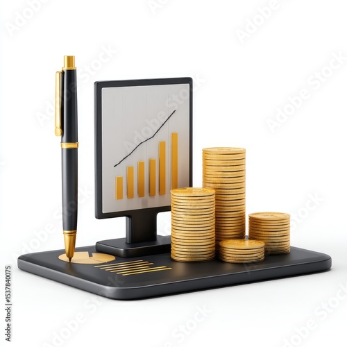 Gold coins, graph, pen, financial planning