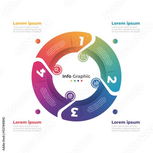 Swirl infographic template with 4 colorful steps. Modern process infographic with circular design with numbered sections. Can be used for presentations, reports, websites, and educational materials.