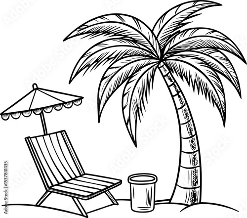 Relaxing Beach Scene Palm Tree, Beach Chair, and Umbrella Illustration, summer vacation