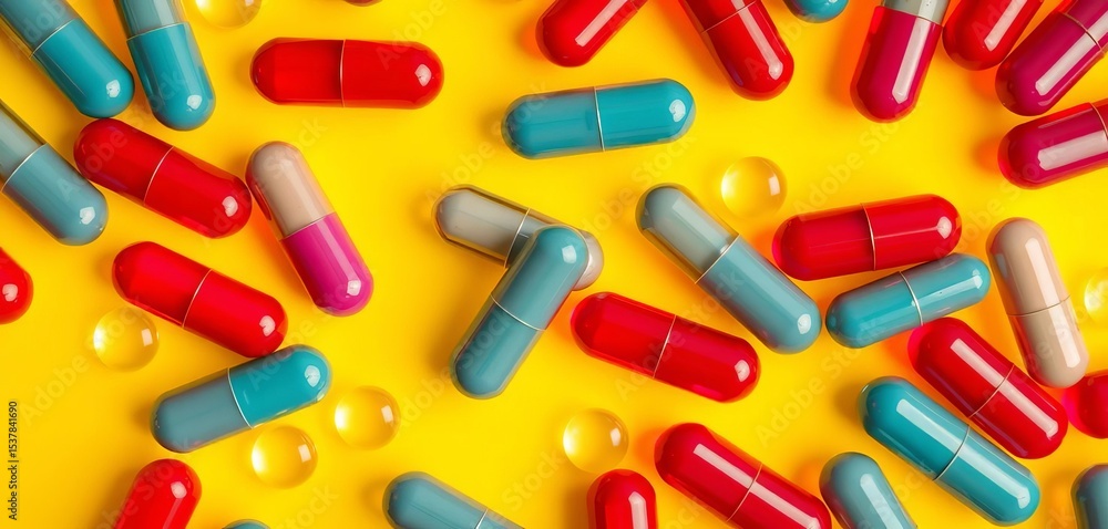 Overhead shot of vibrant capsules on yellow background, pills, pharmaceutical industry Overhead shot of vibrant capsules on yellow background, pills, pharmaceutical industry