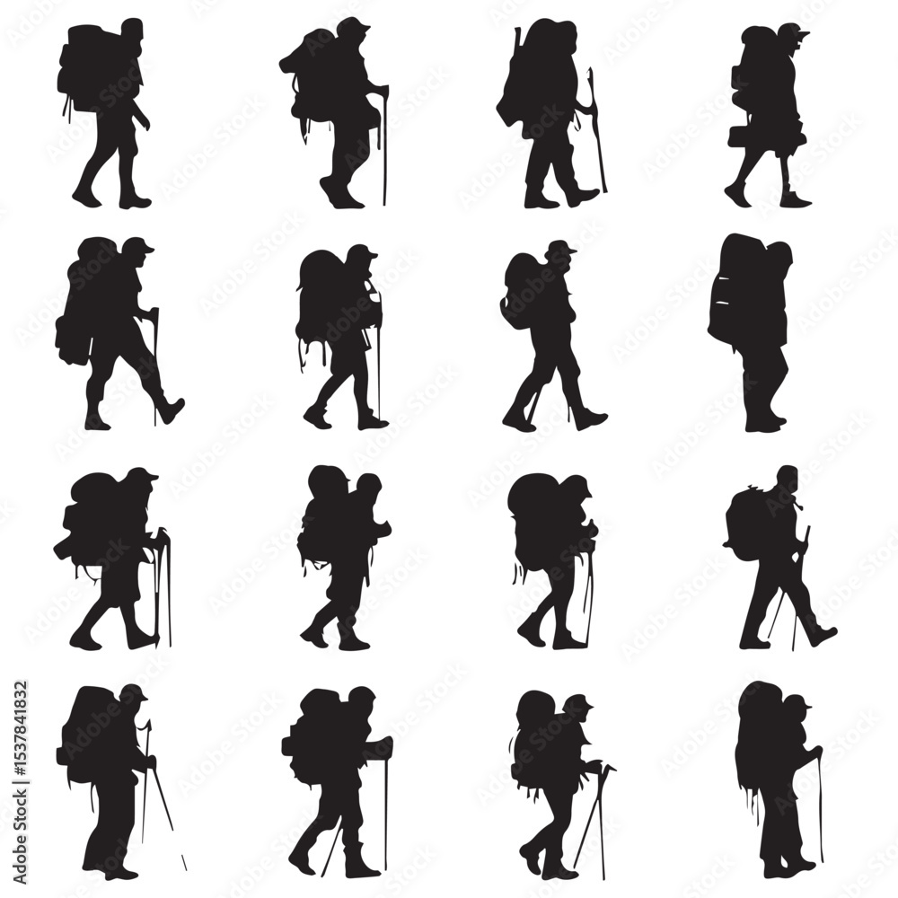 Obraz premium backpacking silhouette set, Black & White silhouette set 