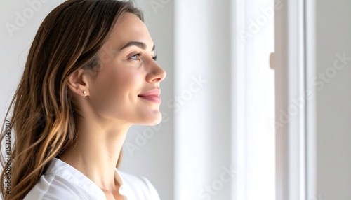 A beautiful young woman with a calm, hopeful smile looks thoughtfully out a window, her profile softly lit by natural light. Free Download A beautiful young woman with a calm, hopeful smile looks thoughtfully out a window, her profile softly lit by natural light. - GFXLoad
