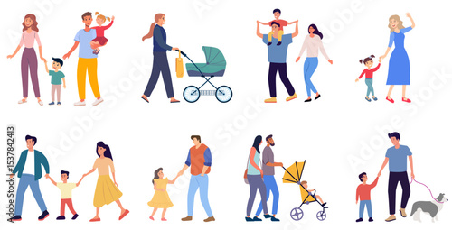 walking family happy family walk background collection of mother father children spending time together people bundle walking outdoor illustration clipart