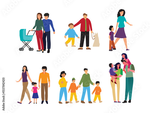 walking family happy family walk background collection of mother father children spending time together people bundle walking outdoor illustration clipart