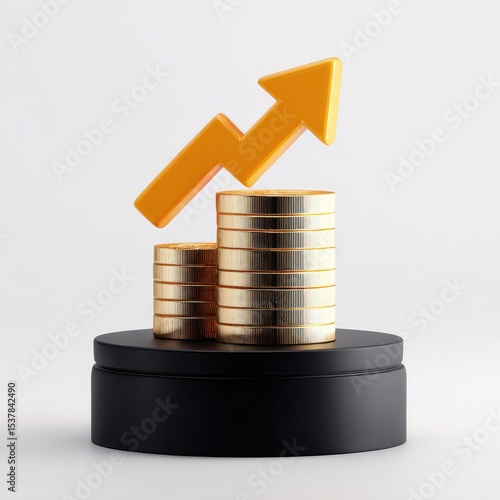 Gold coins stacked in 2 columns, topped with a bright yellow arrow pointing up, sit on a dark pedestal