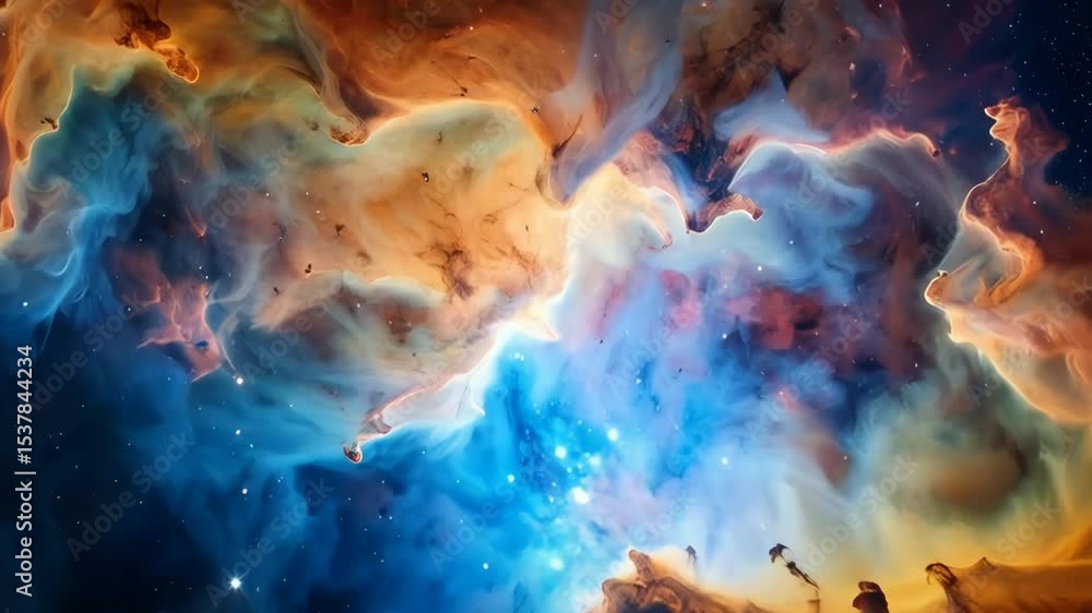 Colorful cosmic nebula with brilliant bursts of blue, orange and gold, illuminated with starlight, abstract universe backdrop and celestial theme. Colorful cosmic nebula with brilliant bursts of blue, orange and gold, illuminated with starlight, abstract universe backdrop and celestial theme.
