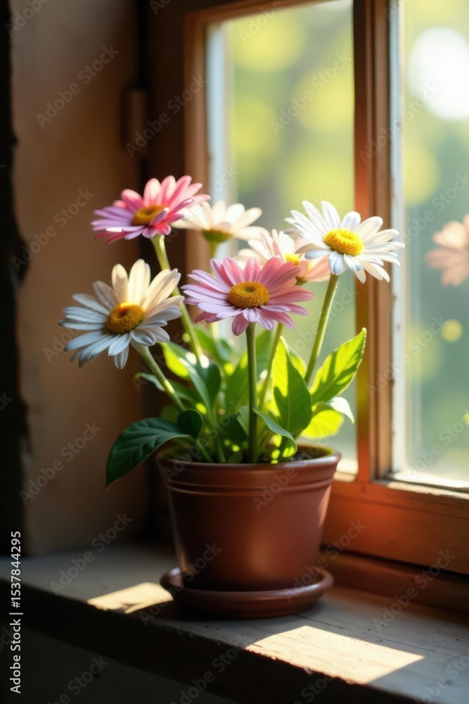 custom made wallpaper toronto digitalSunlight illuminates cheerful daisies in a ceramic pot on a rustic windowsill , fresh, cottagecore