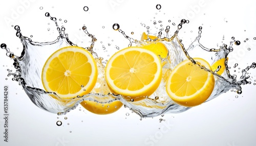 Fresh, juicy lemon slices create a dynamic splash in clear water, captured in mid-air against a white background.