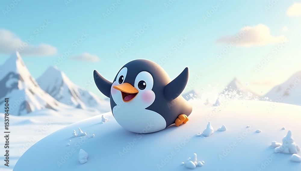 Obraz premium a happy penguin sliding on ice with arms outstretched in a snowy arctic landscape.