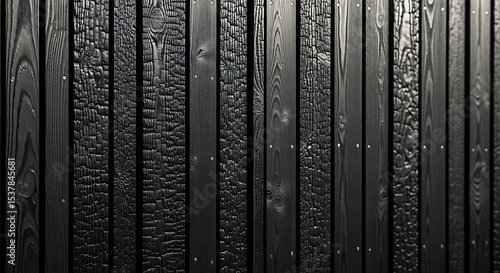 Dramatic Charred Wood Background, Yakisugi Wall Detail, Vertical Wood Grain Pattern
