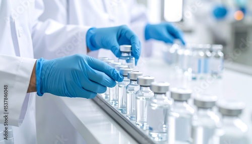 Scientists in blue gloves handle rows of vials in a bright laboratory, focusing on production or testing.