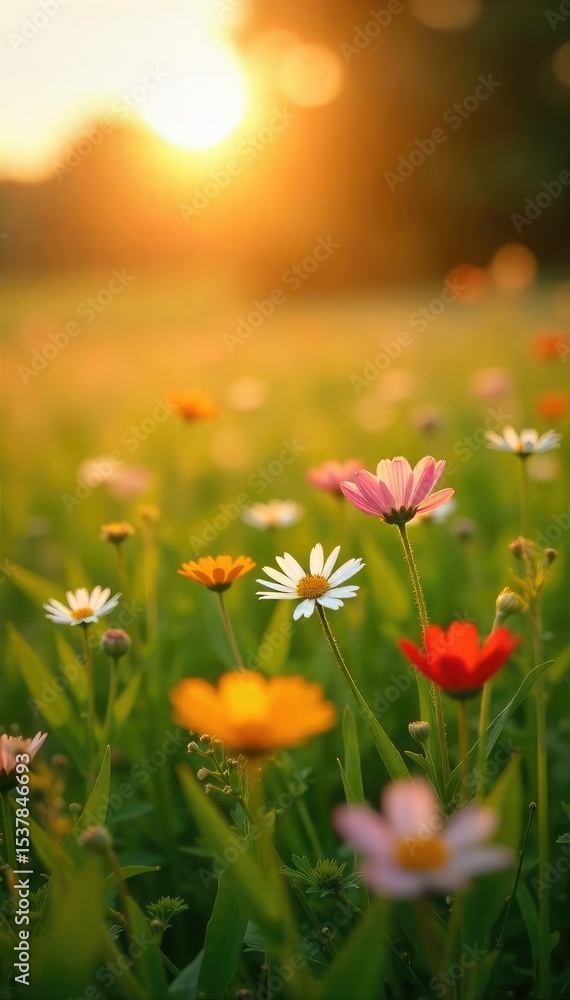 Obraz premium Golden hour sunlight bathes a vibrant summer field, wildflowers swaying gently in the warm breeze Perfect for idyllic, peaceful, and nature-themed projects , meadow, orange