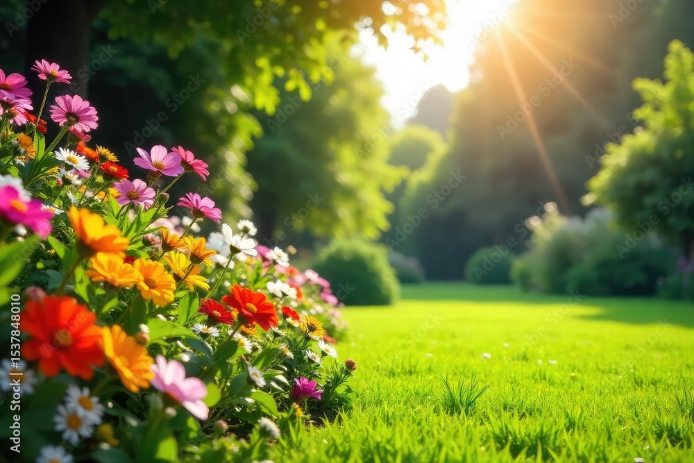 Obraz premium Relaxing summer day at home, sun shining on a lush green lawn, vibrant flowers blooming in the garden, idyllic summer scene , landscape, outdoor