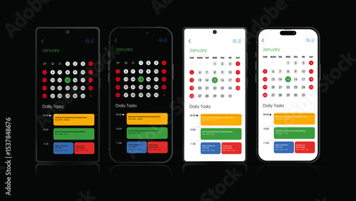 Mobile Calendar Planner App UI – Smartphone Meeting Scheduler and Daily Task Agenda Template | Vector Design
